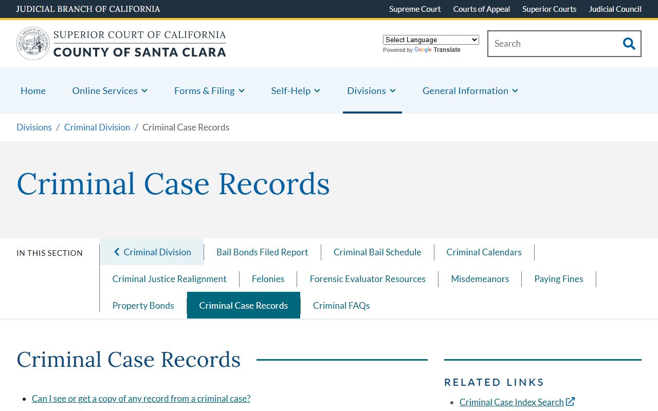 Santa Clara County Court criminal records access page