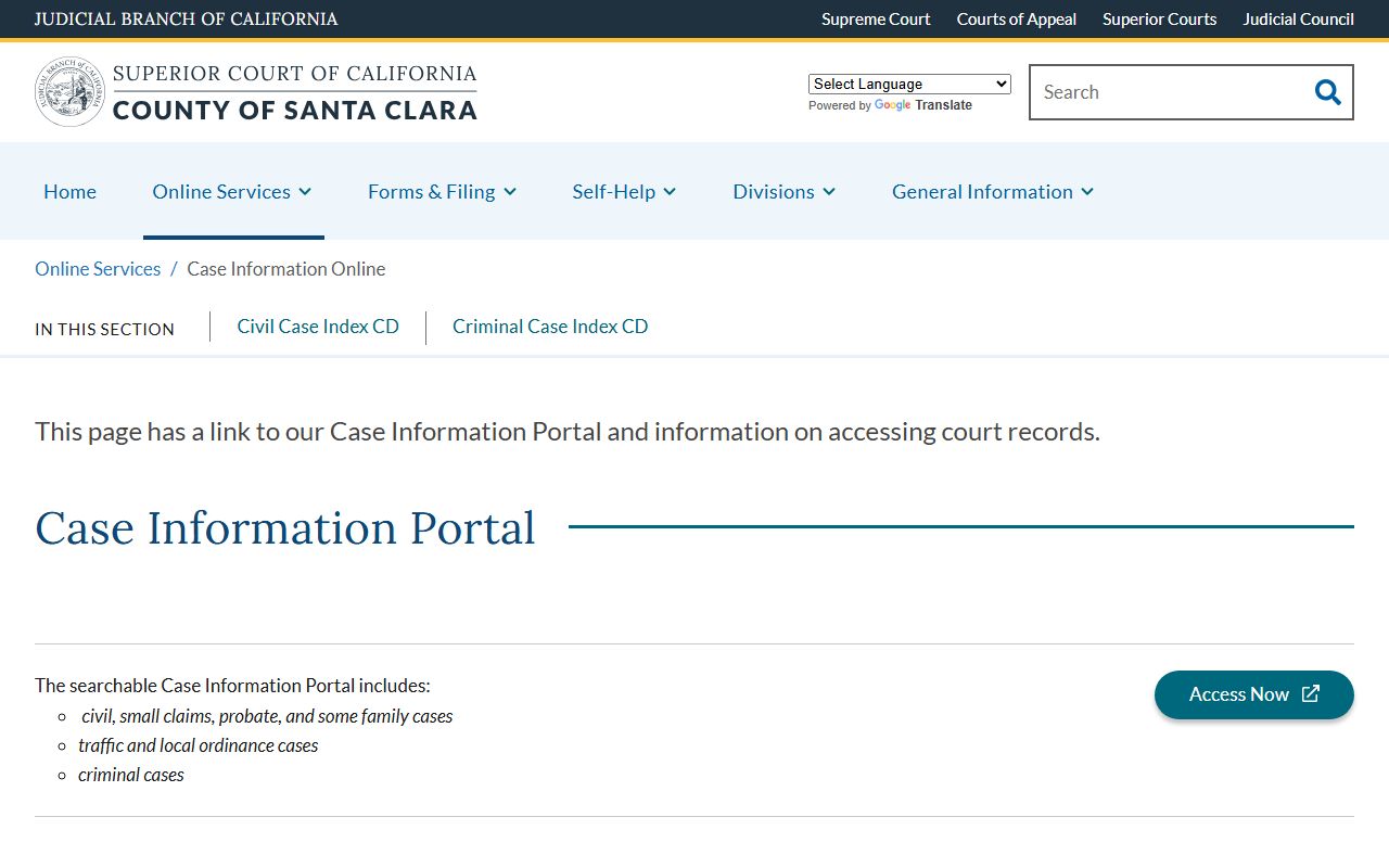 Santa Clara County Court Case Information Online landing page