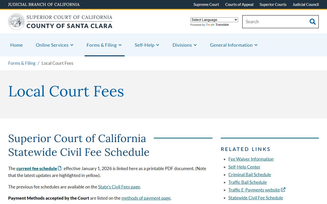 Santa Clara County Court fees page