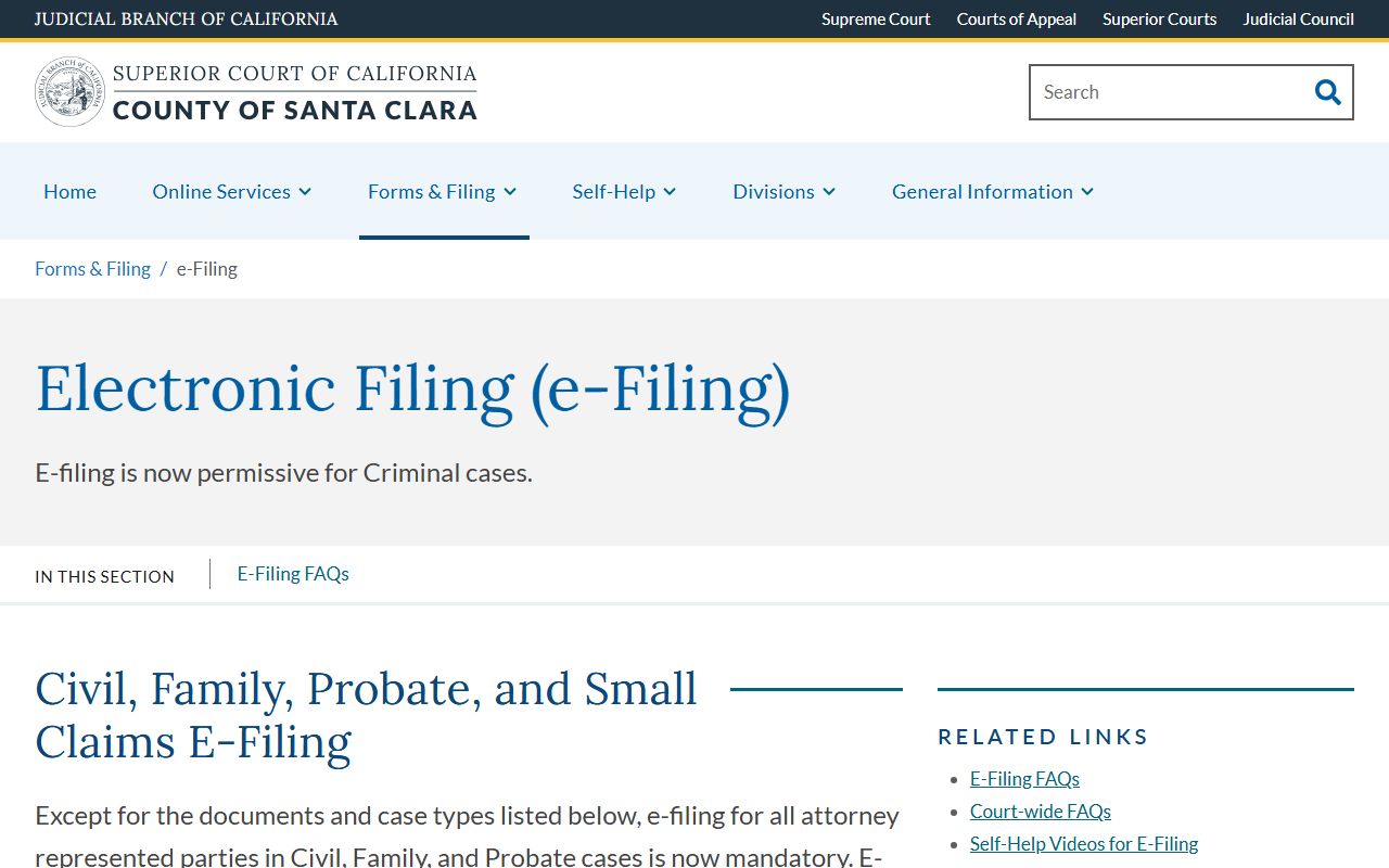 Santa Clara County Court e-filing page