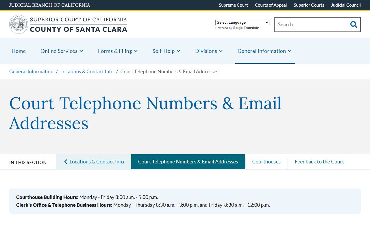 Santa Clara County Court phone and email directory