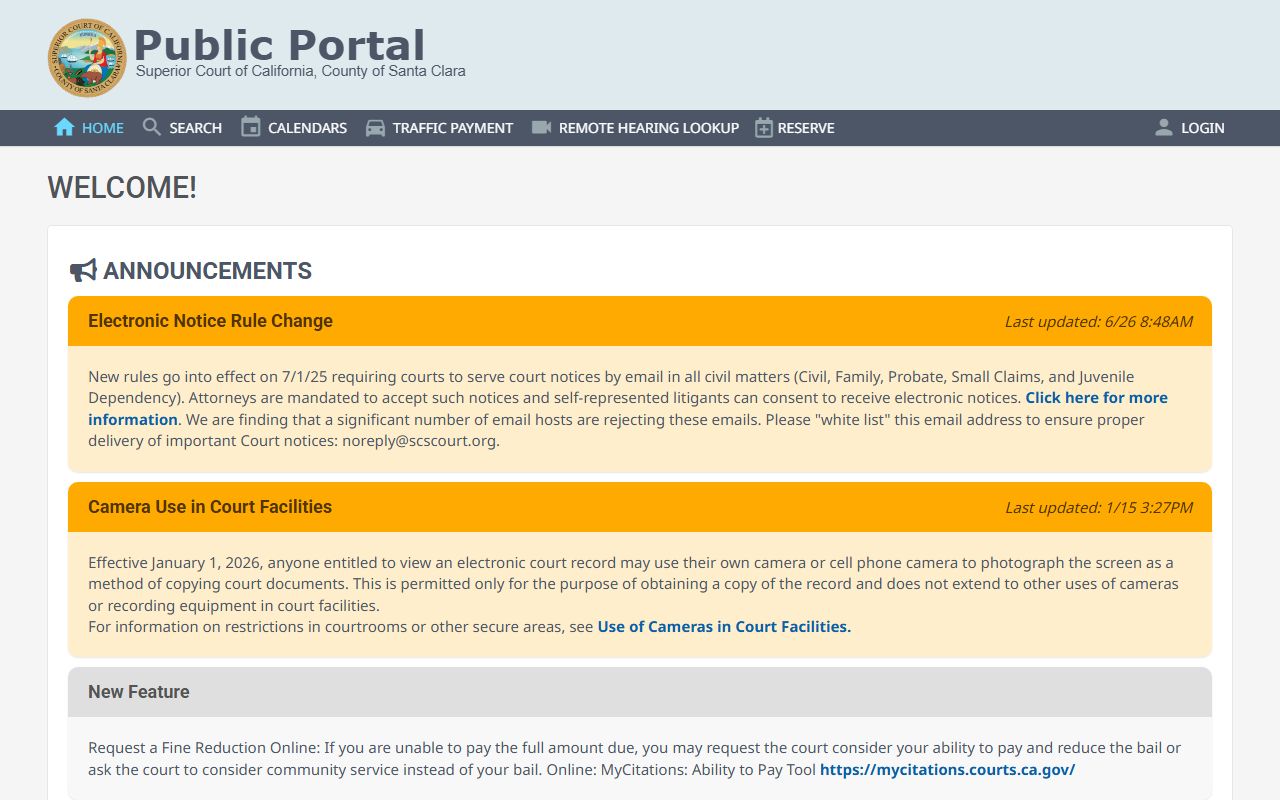 Santa Clara County Court Case Information Portal search interface