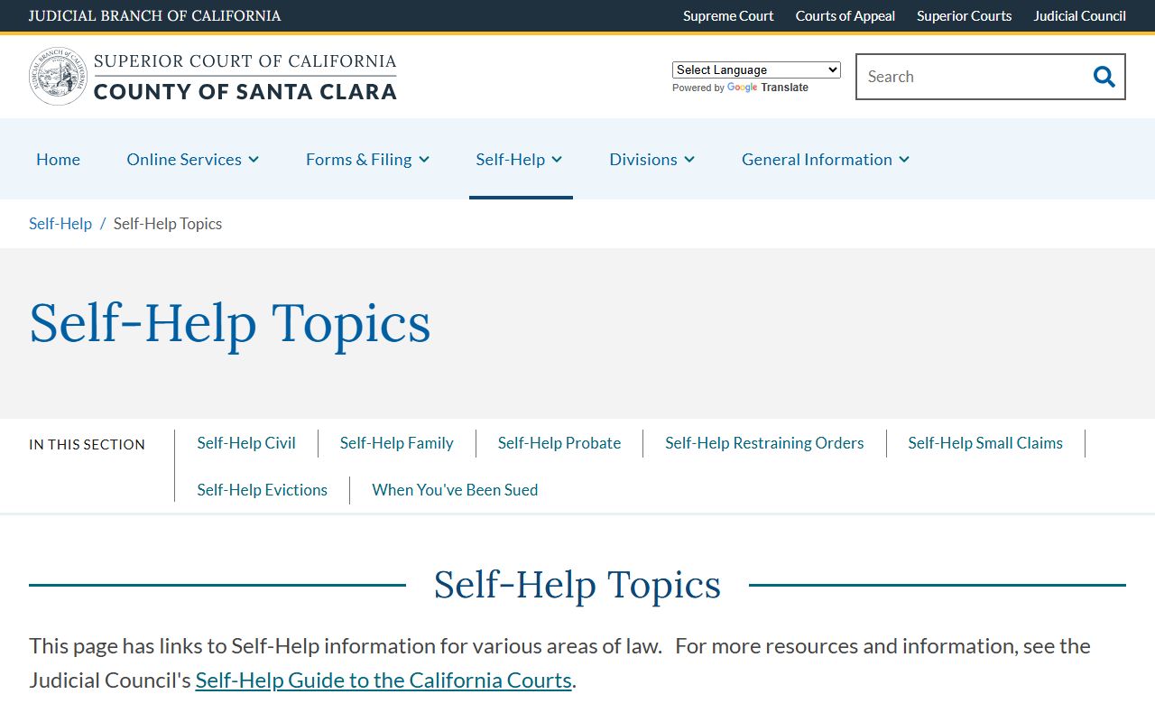 Santa Clara County Superior Court Self-Help Topics page including traffic court records