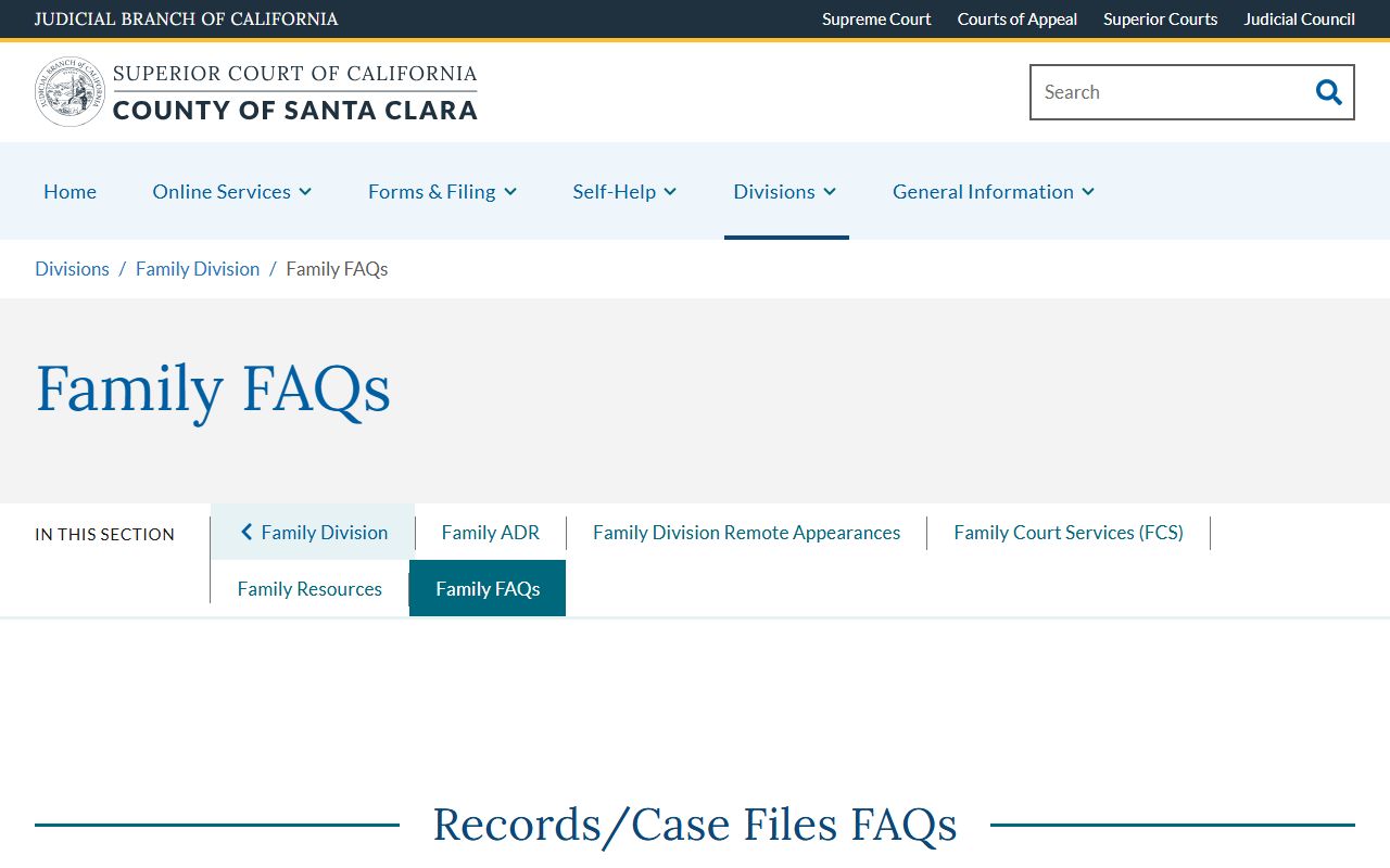 Santa Clara County Superior Court Family FAQs covering divorce and family record copies