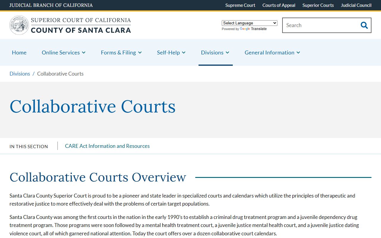 Santa Clara County Superior Court Collaborative Courts page including DUI Court for traffic-related criminal cases