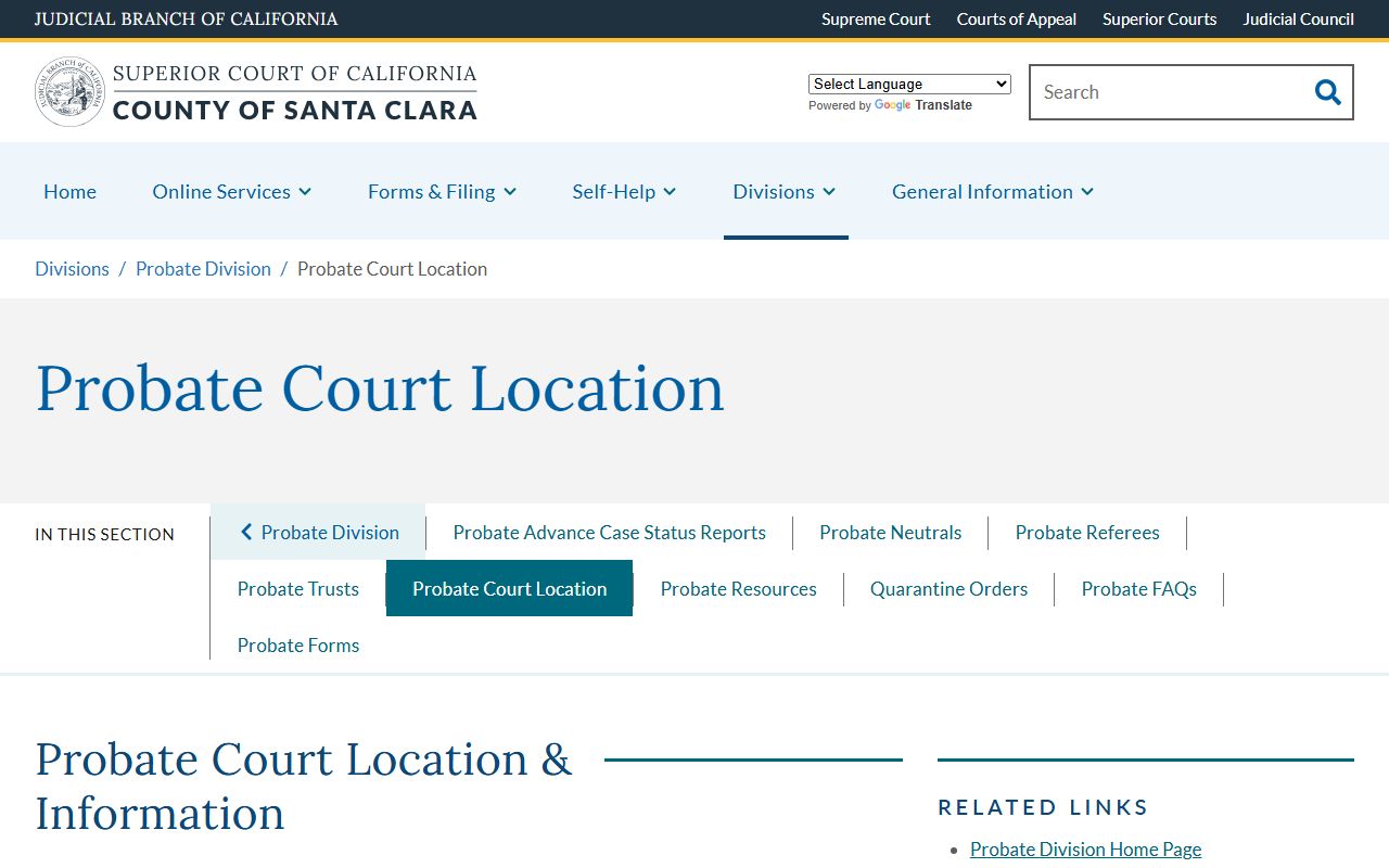 Santa Clara County Probate Court Location page