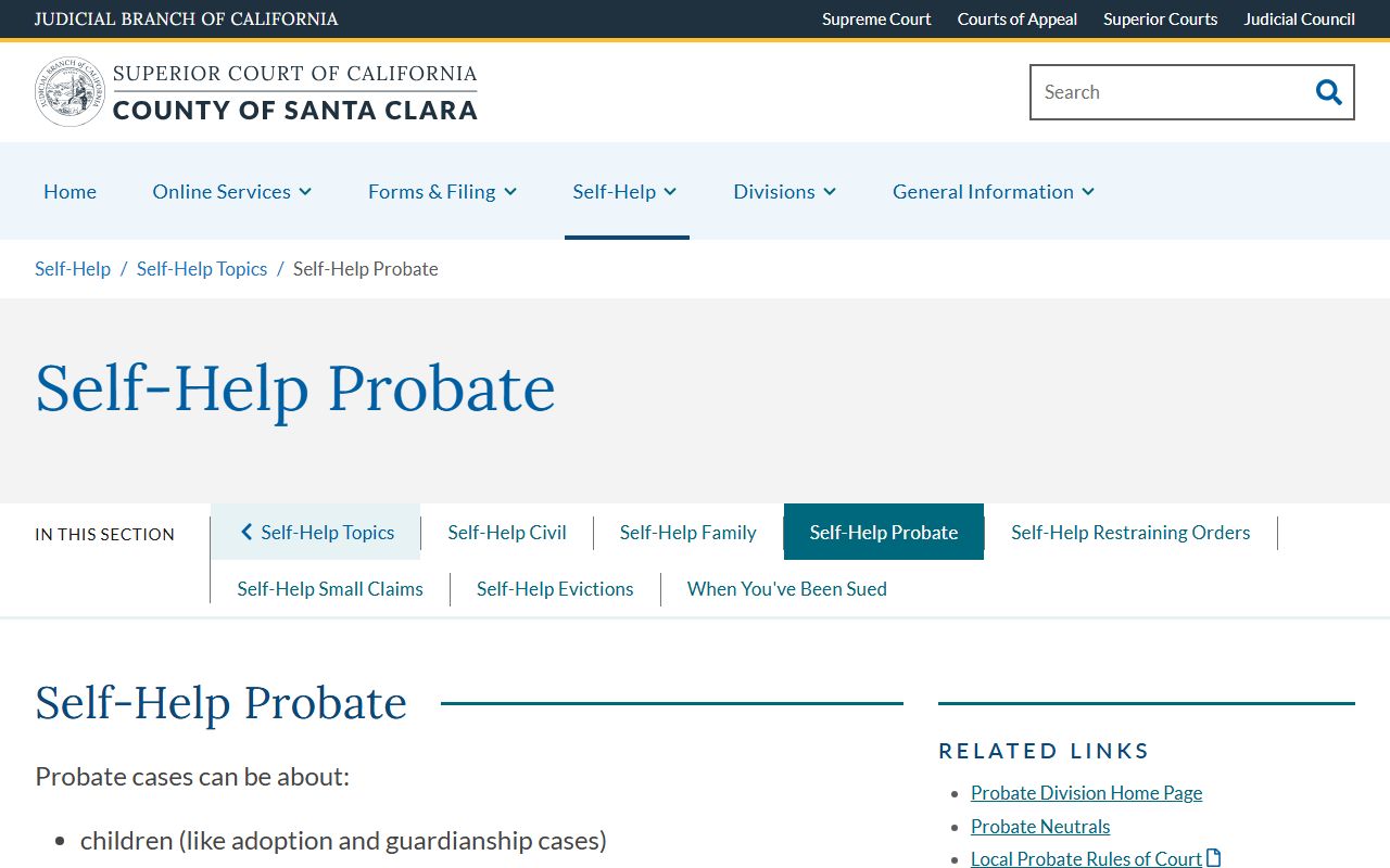 Santa Clara County probate self-help page with court resources