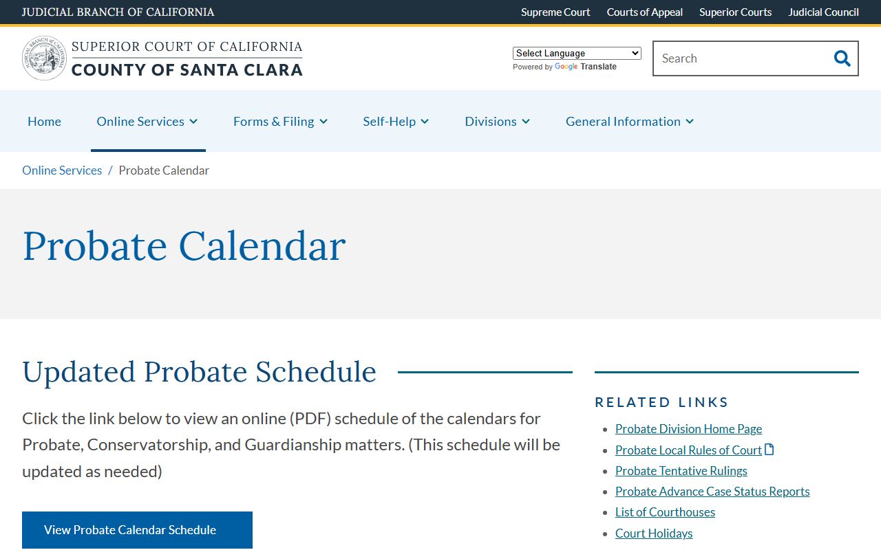Santa Clara County probate calendar page with hearing schedules