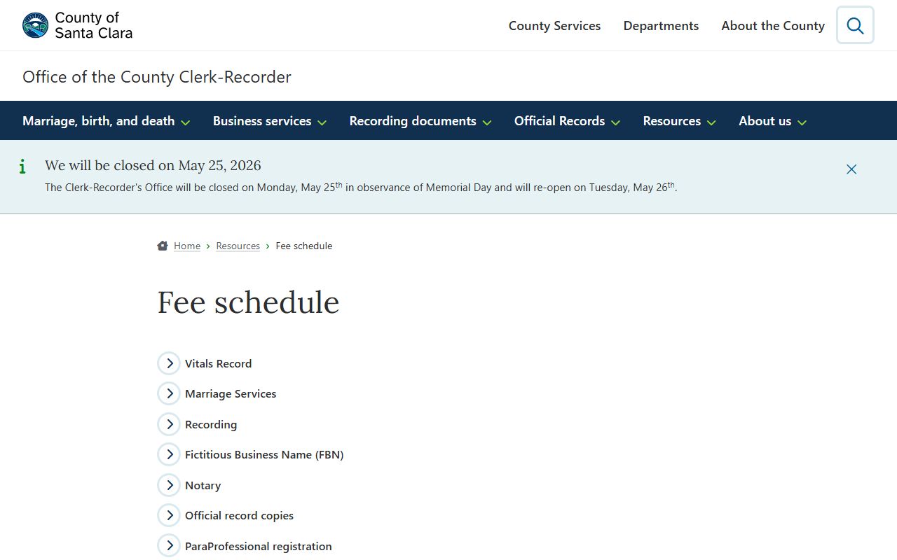 Santa Clara County Clerk-Recorder fee schedule listing vital record and recording fees