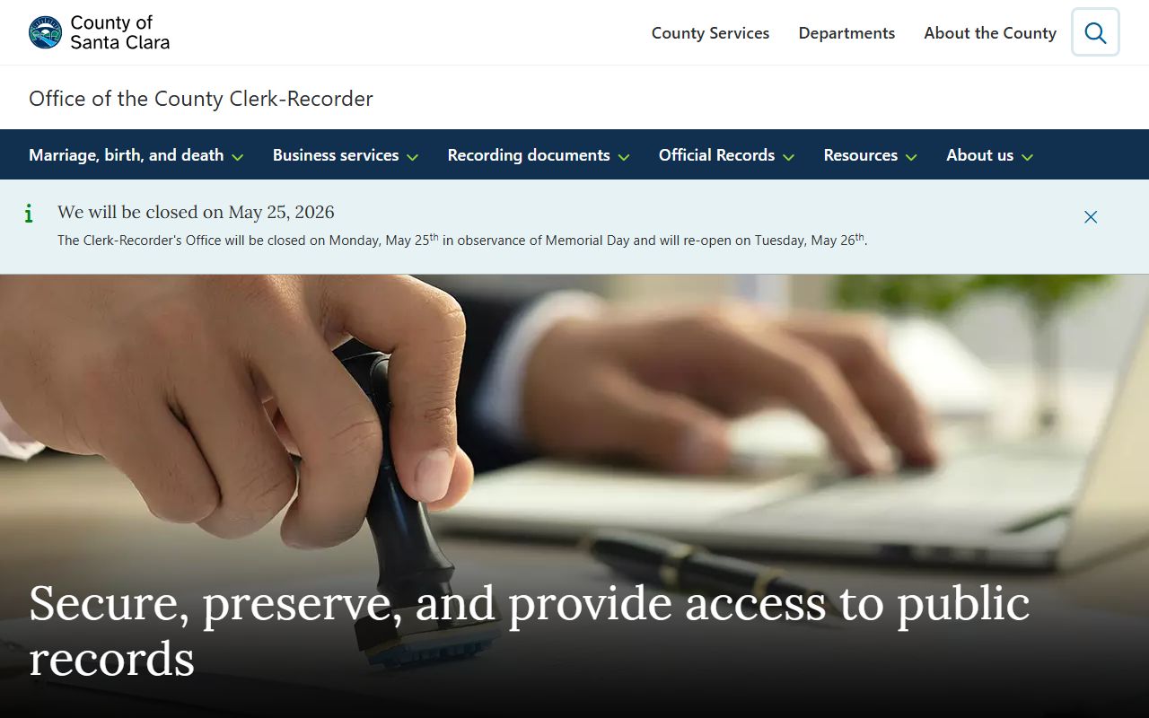 Santa Clara County Clerk-Recorder home page with office mission and Tasman Drive address