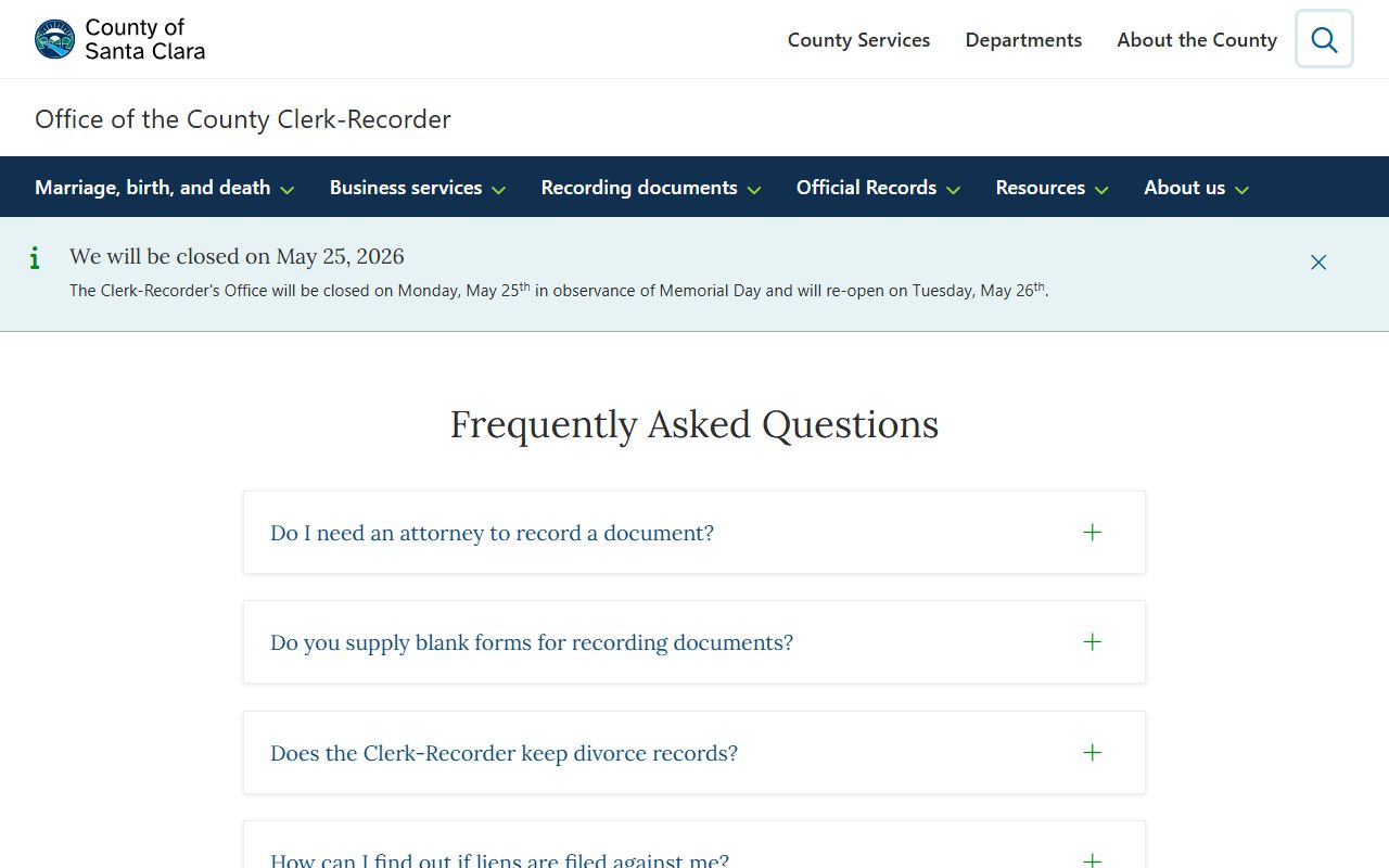 Santa Clara County Clerk-Recorder FAQ page showing online index removal notice and divorce record direction