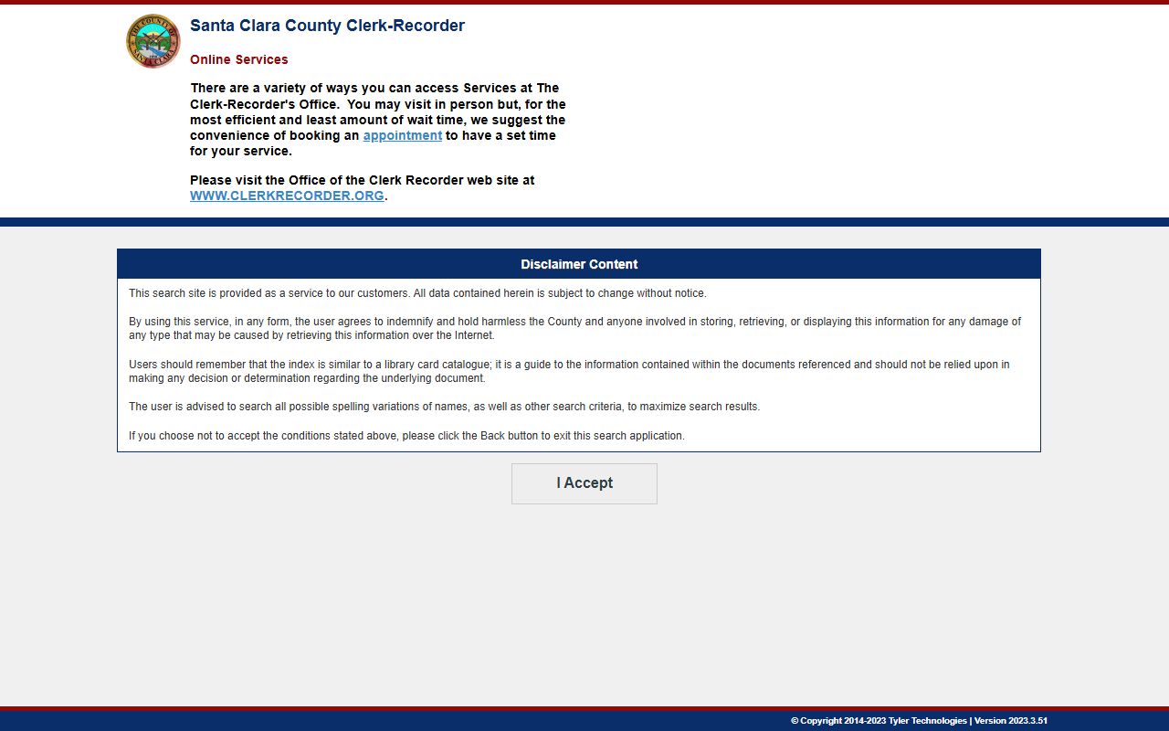 Santa Clara County Clerk-Recorder self-service portal disclaimer
