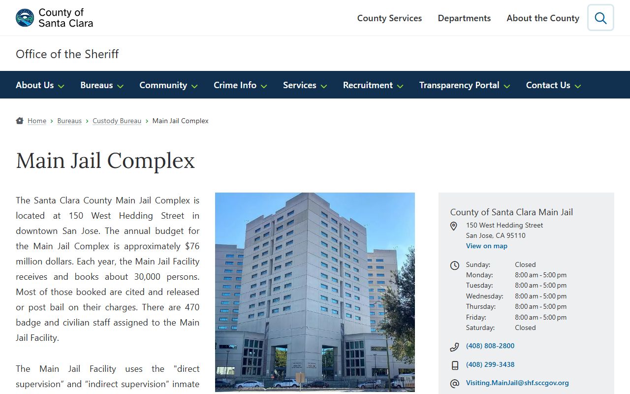Santa Clara County Main Jail Complex inmate records page
