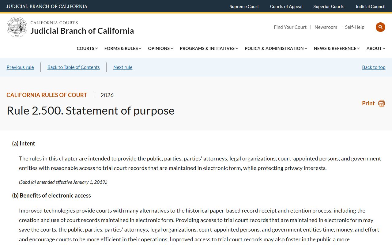 Santa Clara County court records Rule 2.500 electronic access