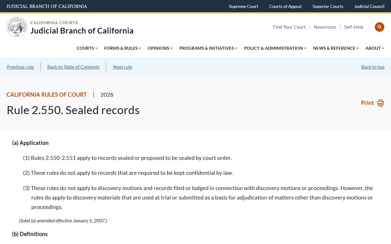 California Rule of Court 2.550 sealed records standard for Santa Clara County criminal cases