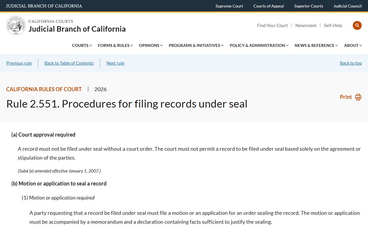 Santa Clara County court records Rule 2.551 sealing procedure