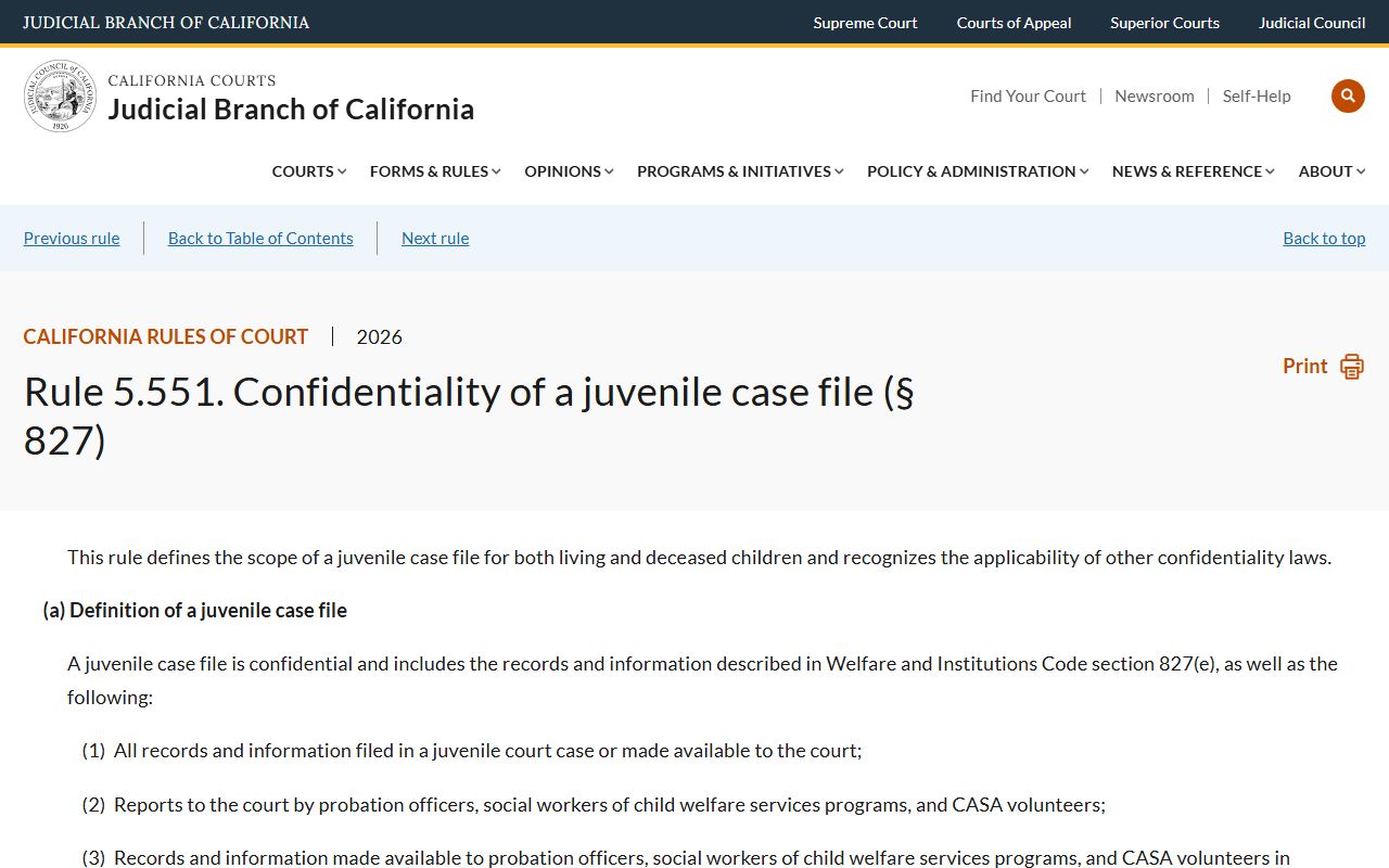 California Rule of Court 5.551 juvenile case file confidentiality affecting Santa Clara County juvenile records