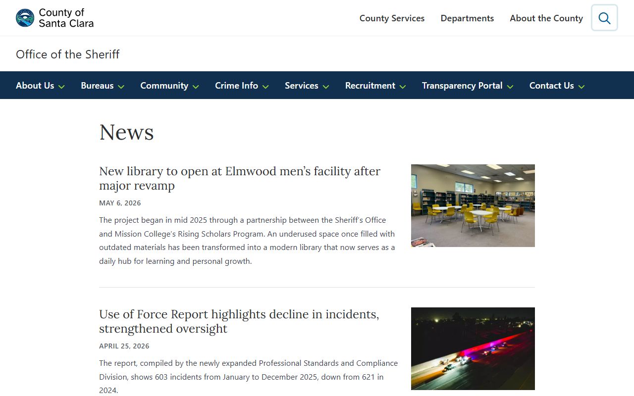Santa Clara County Sheriff newsroom page with custody press releases